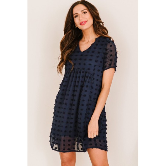 Dark V Neck Pompom Babydoll Style Short Sleeves Flowy Mini Dress Dark V Neck Pompom Babydoll Style Short Sleeves Flowy Mini Dress
