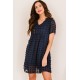 Dark V Neck Pompom Babydoll Style Short Sleeves Flowy Mini Dress Dark V Neck Pompom Babydoll Style Short Sleeves Flowy Mini Dress