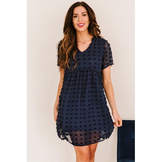 Dark V Neck Pompom Babydoll Style Short Sleeves Flowy Mini Dress Dark V Neck Pompom Babydoll Style Short Sleeves Flowy Mini Dress