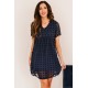Dark V Neck Pompom Babydoll Style Short Sleeves Flowy Mini Dress Dark V Neck Pompom Babydoll Style Short Sleeves Flowy Mini Dress