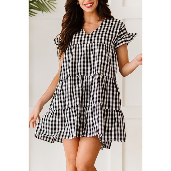 Black Ruffled Short Sleeves Plaid Print Tiered Swing Dress Black Ruffled Short Sleeves Plaid Print Tiered Swing Dress
