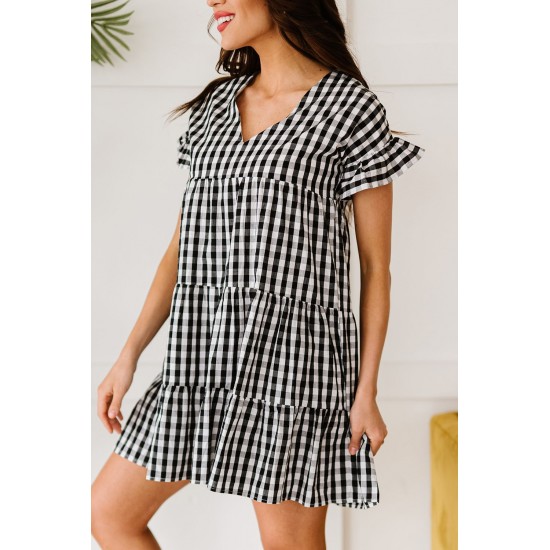 Black Ruffled Short Sleeves Plaid Print Tiered Swing Dress Black Ruffled Short Sleeves Plaid Print Tiered Swing Dress
