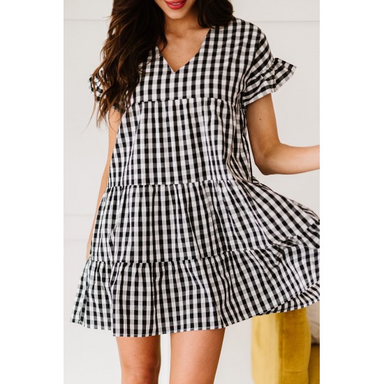Black Ruffled Short Sleeves Plaid Print Tiered Swing Dress Black Ruffled Short Sleeves Plaid Print Tiered Swing Dress