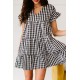 Black Ruffled Short Sleeves Plaid Print Tiered Swing Dress Black Ruffled Short Sleeves Plaid Print Tiered Swing Dress