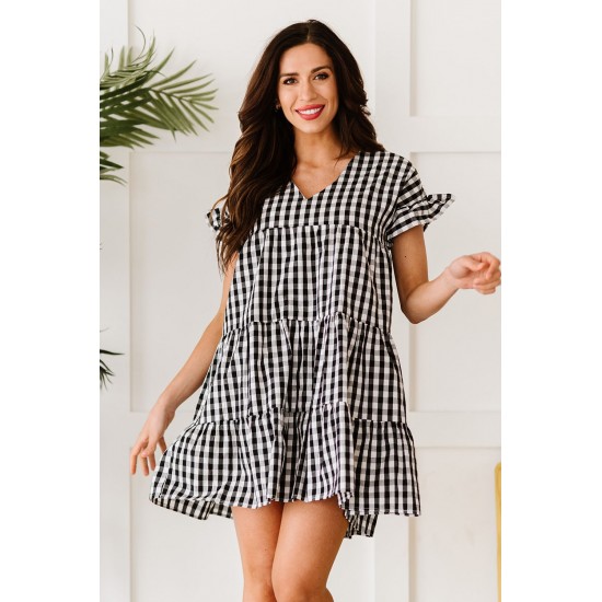 Black Ruffled Short Sleeves Plaid Print Tiered Swing Dress Black Ruffled Short Sleeves Plaid Print Tiered Swing Dress