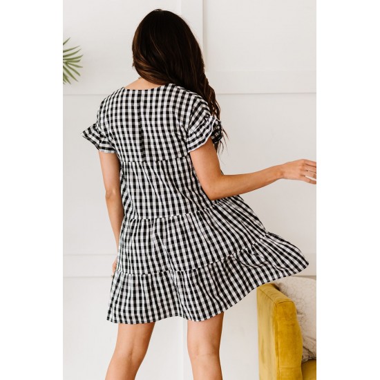 Black Ruffled Short Sleeves Plaid Print Tiered Swing Dress Black Ruffled Short Sleeves Plaid Print Tiered Swing Dress