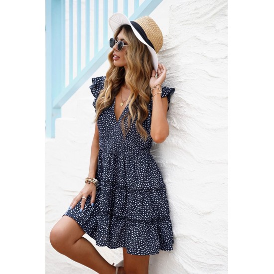 Navy Printed Sleeveless Tiered Mini Dress Navy Printed Sleeveless Tiered Mini Dress