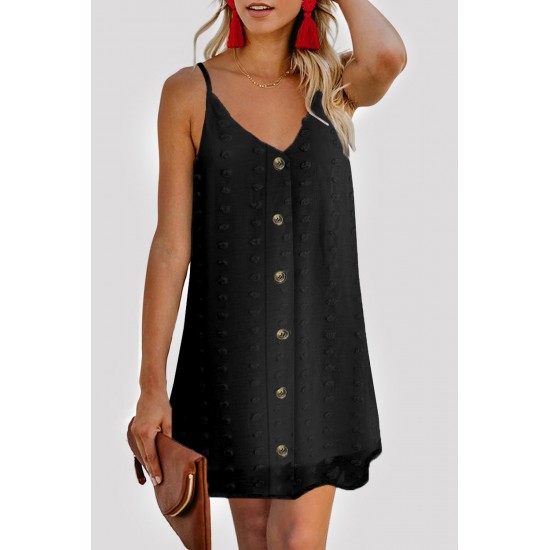 Black Swiss Dot Buttons Spaghetti Strap Mini Dress Black Swiss Dot Buttons Spaghetti Strap Mini Dress