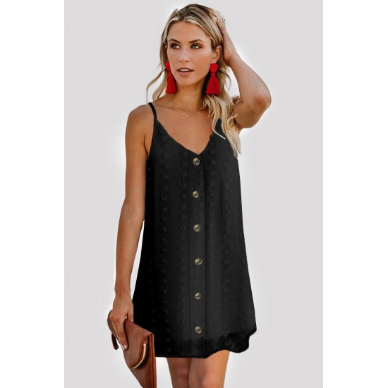 Black Swiss Dot Buttons Spaghetti Strap Mini Dress Black Swiss Dot Buttons Spaghetti Strap Mini Dress