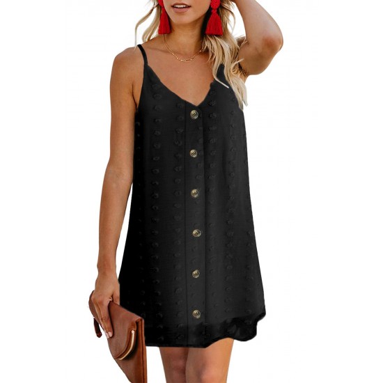 Black Swiss Dot Buttons Spaghetti Strap Mini Dress Black Swiss Dot Buttons Spaghetti Strap Mini Dress