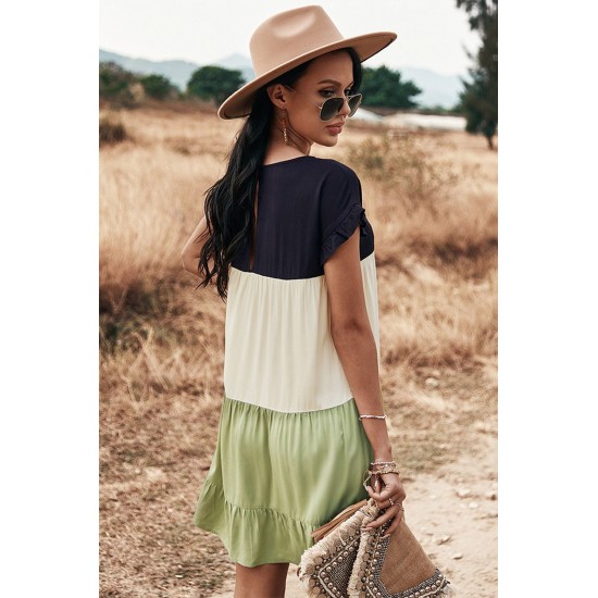 Green Loose Fit Ruffled Color Block Dress Green Loose Fit Ruffled Color Block Dress