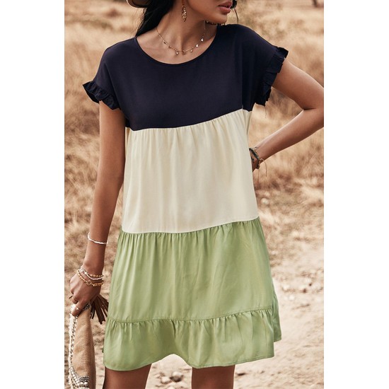 Green Loose Fit Ruffled Color Block Dress Green Loose Fit Ruffled Color Block Dress