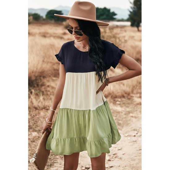 Green Loose Fit Ruffled Color Block Dress Green Loose Fit Ruffled Color Block Dress