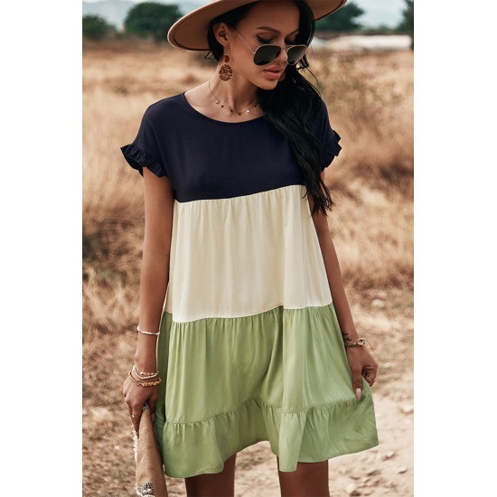 Green Loose Fit Ruffled Color Block Dress Green Loose Fit Ruffled Color Block Dress