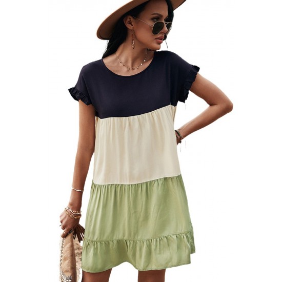 Green Loose Fit Ruffled Color Block Dress Green Loose Fit Ruffled Color Block Dress