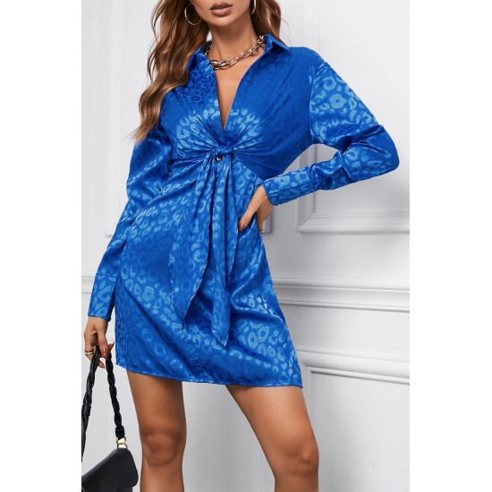 Blue Leopard Print Tie Knot Satin Mini Dress Blue Leopard Print Tie Knot Satin Mini Dress