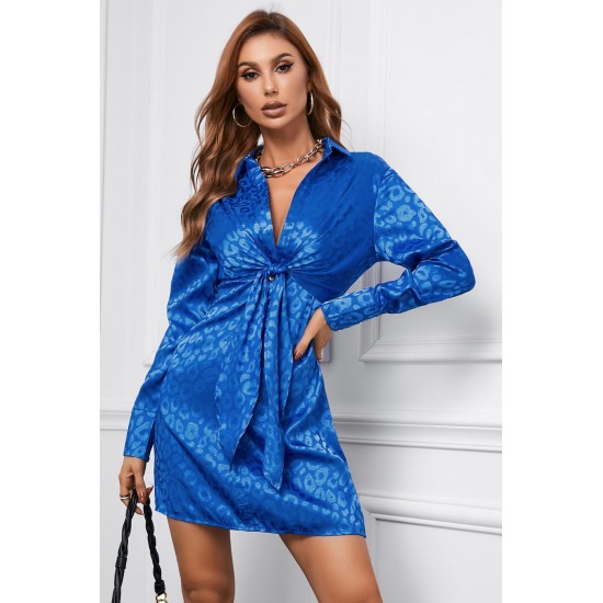 Blue Leopard Print Tie Knot Satin Mini Dress Blue Leopard Print Tie Knot Satin Mini Dress