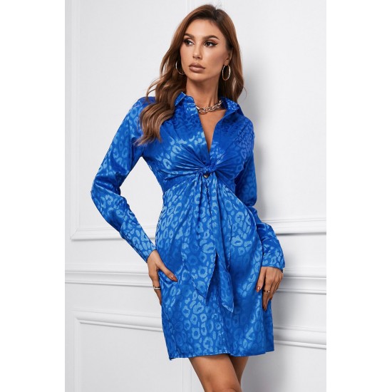 Blue Leopard Print Tie Knot Satin Mini Dress Blue Leopard Print Tie Knot Satin Mini Dress