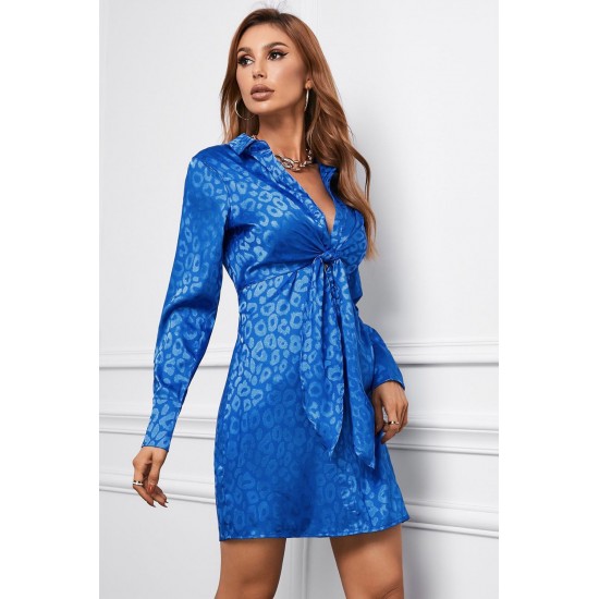 Blue Leopard Print Tie Knot Satin Mini Dress Blue Leopard Print Tie Knot Satin Mini Dress