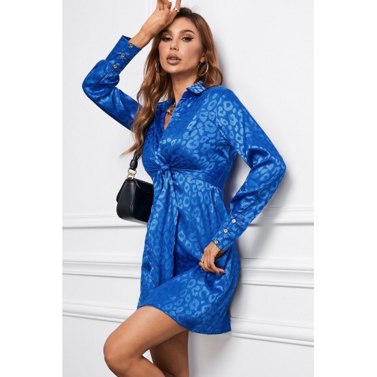 Blue Leopard Print Tie Knot Satin Mini Dress Blue Leopard Print Tie Knot Satin Mini Dress