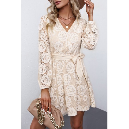 Apricot Wrap-V-Neck Belted Crochet Lace Mini Dress Apricot Wrap-V-Neck Belted Crochet Lace Mini Dress