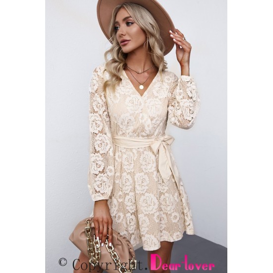 Apricot Wrap-V-Neck Belted Crochet Lace Mini Dress Apricot Wrap-V-Neck Belted Crochet Lace Mini Dress