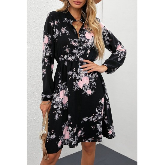 Black Floral Print Elastic Waist Button Mini Dress Black Floral Print Elastic Waist Button Mini Dress