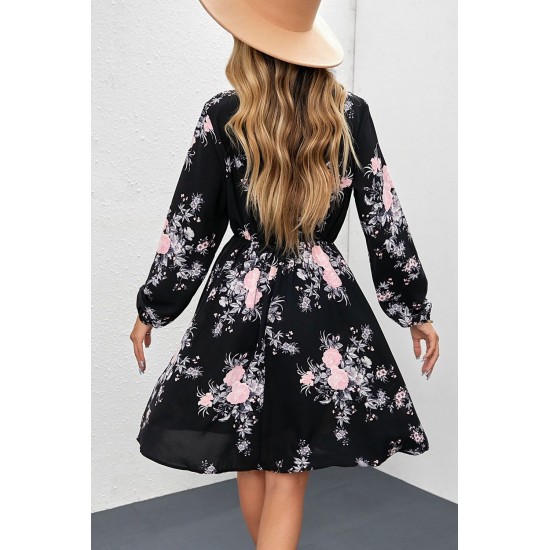 Black Floral Print Elastic Waist Button Mini Dress Black Floral Print Elastic Waist Button Mini Dress
