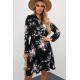 Black Floral Print Elastic Waist Button Mini Dress Black Floral Print Elastic Waist Button Mini Dress