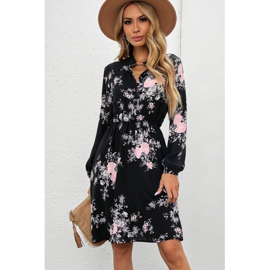 Black Floral Print Elastic Waist Button Mini Dress Black Floral Print Elastic Waist Button Mini Dress