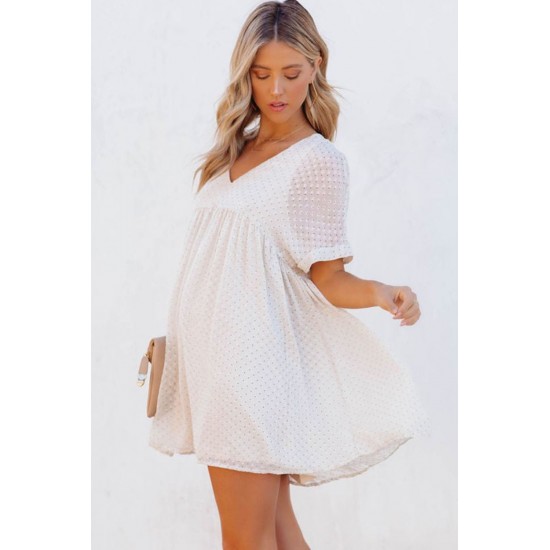 White Polka Dot Textured V Neck Babydoll Dress White Polka Dot Textured V Neck Babydoll Dress
