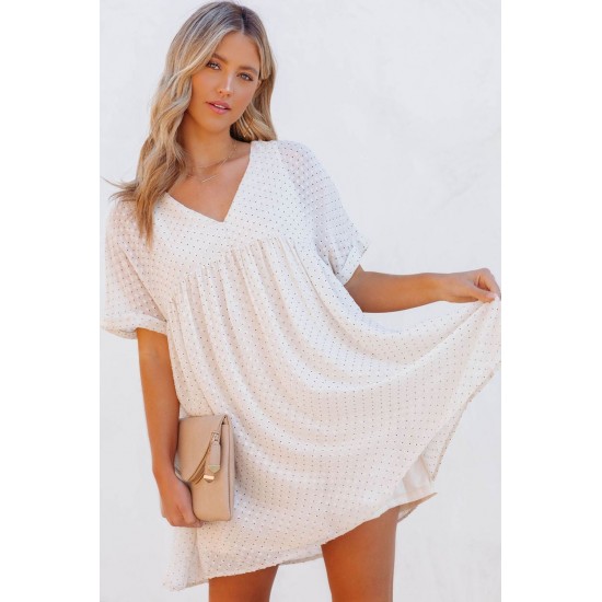 White Polka Dot Textured V Neck Babydoll Dress White Polka Dot Textured V Neck Babydoll Dress