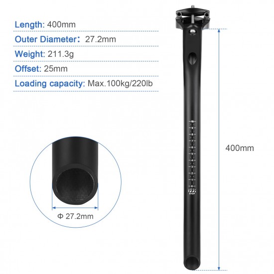 Bicycle Carbon Fiber Seat Post 27.2mm 400mm Cycling Seatpost 25mm Offset Adjustable Seatpost for Road Bicycles Mountain Bikes Bicycle Carbon Fiber Seat Post 27.2mm 400mm Cycling Seatpost 25mm Offset Adjustable Seatpost for Road Bicycles Mountain Bikes