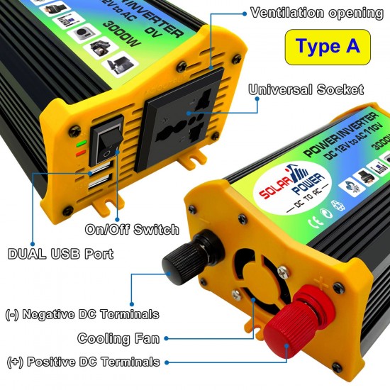 Peaks Power 3000W Modified Sine Wave Inverter High Frequency Power Inverter DC 12V to AC 110V Converter Car Power Charger Inverter with 2.1A Dual USB Port Battery Clips Peaks Power 3000W Modified Sine Wave Inverter High Frequency Power Inverter DC 12V to AC 110V Converter Car Power Charger Inverter with 2.1A Dual USB Port Battery Clips