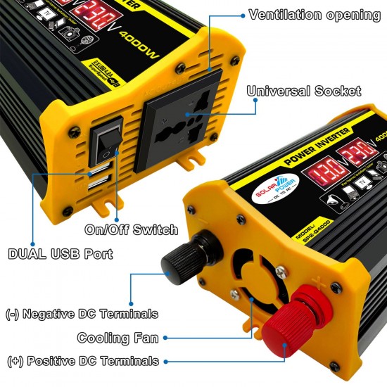 Modified Sine Wave Inverter High Frequency 4000W Peak Power Watt Power Inverter DC 12V to AC 220V Converter Car Power Charger Inverter with 2.1A Dual USB Port Battery Clips Display Screen Modified Sine Wave Inverter High Frequency 4000W Peak Power Watt Power Inverter DC 12V to AC 220V Converter Car Power Charger Inverter with 2.1A Dual USB Port Battery Clips Display Screen