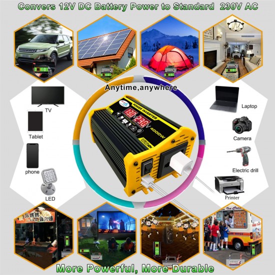 Modified Sine Wave Inverter High Frequency 4000W Peak Power Watt Power Inverter DC 12V to AC 220V Converter Car Power Charger Inverter with 2.1A Dual USB Port Battery Clips Display Screen Modified Sine Wave Inverter High Frequency 4000W Peak Power Watt Power Inverter DC 12V to AC 220V Converter Car Power Charger Inverter with 2.1A Dual USB Port Battery Clips Display Screen