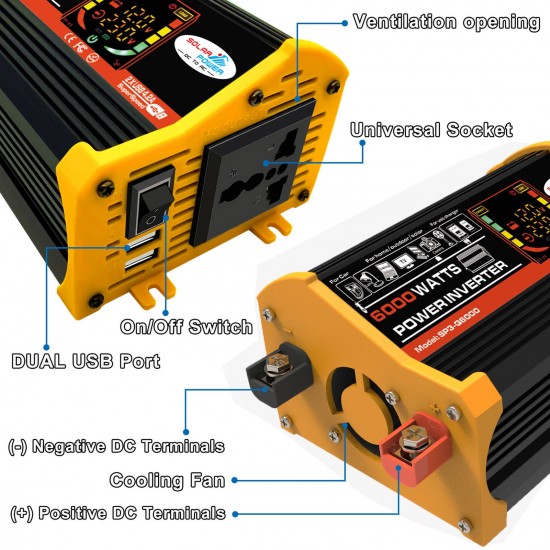 Modified Sine Wave Inverter High Frequency 6000W Peak Power Watt Power Inverter DC 12V to AC 220V Converter Car Power Charger Inverter with 2.1A Dual USB Port Battery Clips Display Screen Modified Sine Wave Inverter High Frequency 6000W Peak Power Watt Power Inverter DC 12V to AC 220V Converter Car Power Charger Inverter with 2.1A Dual USB Port Battery Clips Display Screen