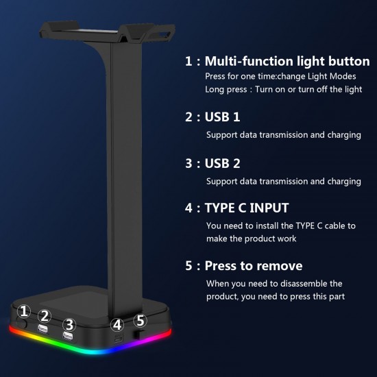 RGB Gaming Headset Stand With USB/Type-C Charger Ports Gaming Headset Holder Hanger with Stable Base for All Over-Ear Headphones RGB Gaming Headset Stand With USB/Type-C Charger Ports Gaming Headset Holder Hanger with Stable Base for All Over-Ear Headphones