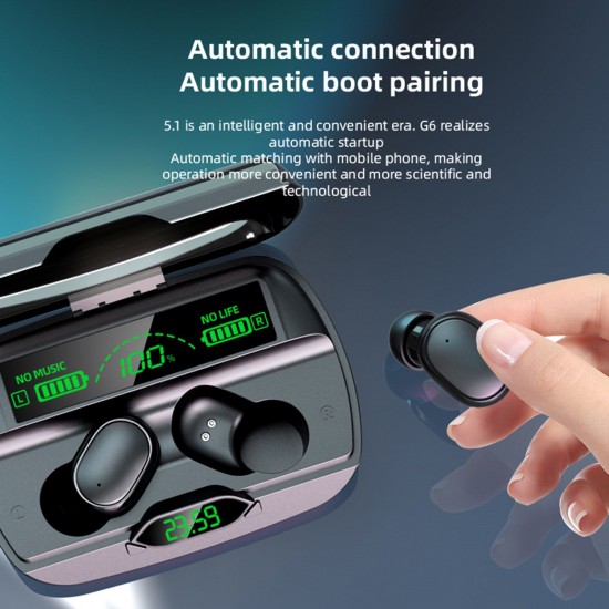 G6 Bluetooth 5.1 TWS Earbuds True Wireless Headphones Sweatproof Sports Headset with Mic 1200mAh Charging Box Clock Time Display Battery Power Display USB Output G6 Bluetooth 5.1 TWS Earbuds True Wireless Headphones Sweatproof Sports Headset with Mic 1200mAh Charging Box Clock Time Display Battery Power Display USB Output