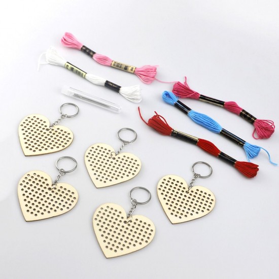 5Pcs Wooden Heart with Colour Embroidery Threads DIY Craft Kit Home Decor Cross-stitch Keyring 5Pcs Wooden Heart with Colour Embroidery Threads DIY Craft Kit Home Decor Cross-stitch Keyring