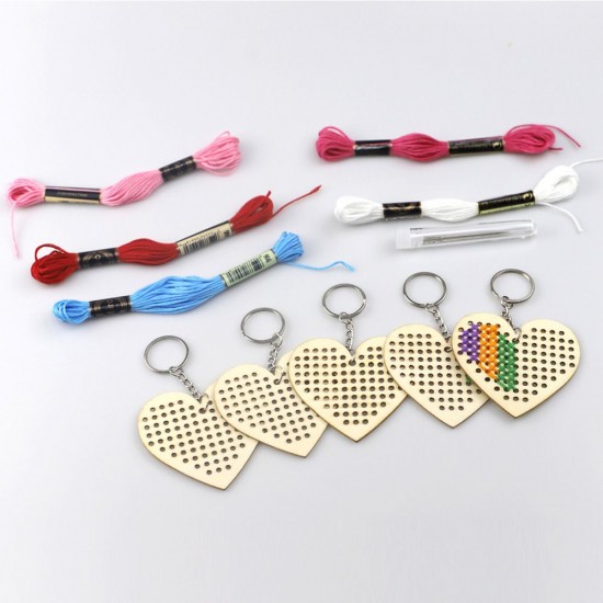 5Pcs Wooden Heart with Colour Embroidery Threads DIY Craft Kit Home Decor Cross-stitch Keyring 5Pcs Wooden Heart with Colour Embroidery Threads DIY Craft Kit Home Decor Cross-stitch Keyring