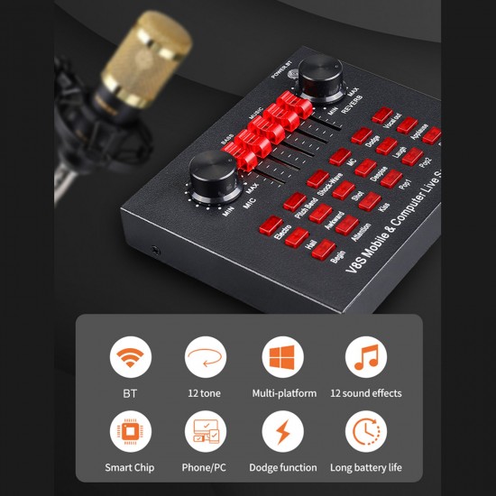 V8S Audio Karaoke BT Mixer Multifunctional External Sound Card 6 Sound Modes 12 Sound Effects for Online Singing Chatting Live Video Music Recording V8S Audio Karaoke BT Mixer Multifunctional External Sound Card 6 Sound Modes 12 Sound Effects for Online Singing Chatting Live Video Music Recording