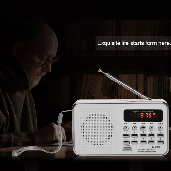 L-938 Mini FM Radio Digital Portable 3W Stereo Speaker MP3 Audio Player High Fidelity Sound Quality w/ 1.5 Inch Display Screen Support USB Drive TF SD MMC Card AUX-IN Earphone-out L-938 Mini FM Radio Digital Portable 3W Stereo Speaker MP3 Audio Player High Fidelity Sound Quality w/ 1.5 Inch Display Screen Support USB Drive TF SD MMC Card AUX-IN Earphone-out