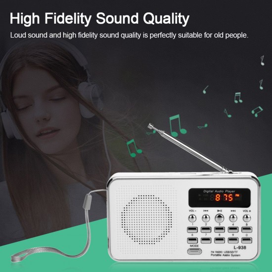 L-938 Mini FM Radio Digital Portable 3W Stereo Speaker MP3 Audio Player High Fidelity Sound Quality w/ 1.5 Inch Display Screen Support USB Drive TF SD MMC Card AUX-IN Earphone-out L-938 Mini FM Radio Digital Portable 3W Stereo Speaker MP3 Audio Player High Fidelity Sound Quality w/ 1.5 Inch Display Screen Support USB Drive TF SD MMC Card AUX-IN Earphone-out