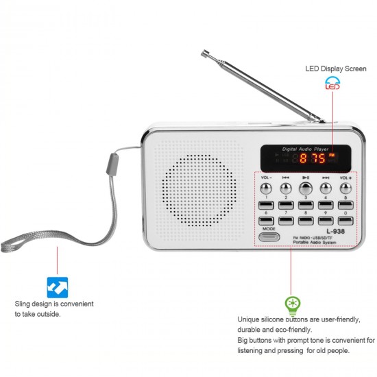 L-938 Mini FM Radio Digital Portable 3W Stereo Speaker MP3 Audio Player High Fidelity Sound Quality w/ 1.5 Inch Display Screen Support USB Drive TF SD MMC Card AUX-IN Earphone-out L-938 Mini FM Radio Digital Portable 3W Stereo Speaker MP3 Audio Player High Fidelity Sound Quality w/ 1.5 Inch Display Screen Support USB Drive TF SD MMC Card AUX-IN Earphone-out