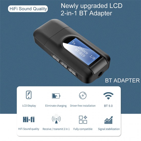 2 in 1 USB Bluetooth 5.0 Transmitter Receiver with LCD Display 3.5MM AUX Stereo for PC TV Car Headphones Wireless Adapter 2 in 1 USB Bluetooth 5.0 Transmitter Receiver with LCD Display 3.5MM AUX Stereo for PC TV Car Headphones Wireless Adapter