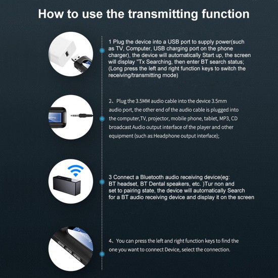 2 in 1 USB Bluetooth 5.0 Transmitter Receiver with LCD Display 3.5MM AUX Stereo for PC TV Car Headphones Wireless Adapter 2 in 1 USB Bluetooth 5.0 Transmitter Receiver with LCD Display 3.5MM AUX Stereo for PC TV Car Headphones Wireless Adapter