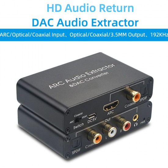 192KHz ARC Audio Adapter HD Audio Extractor Digital to Analog Audio Converter DAC SPDIF Coaxial RCA 3.5mm Jack Output 192KHz ARC Audio Adapter HD Audio Extractor Digital to Analog Audio Converter DAC SPDIF Coaxial RCA 3.5mm Jack Output