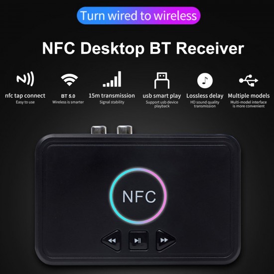 NFC Bluetooth 5.0 Receiver Wireless Audio Receiver Adapter with Microphone RCA AUX Out U Disk Music Playback for Headphones Speaker Home Audio System NFC Bluetooth 5.0 Receiver Wireless Audio Receiver Adapter with Microphone RCA AUX Out U Disk Music Playback for Headphones Speaker Home Audio System