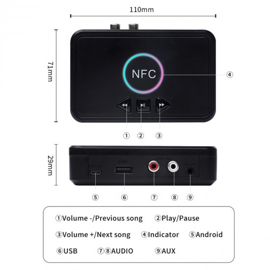 NFC Bluetooth 5.0 Receiver Wireless Audio Receiver Adapter with Microphone RCA AUX Out U Disk Music Playback for Headphones Speaker Home Audio System NFC Bluetooth 5.0 Receiver Wireless Audio Receiver Adapter with Microphone RCA AUX Out U Disk Music Playback for Headphones Speaker Home Audio System